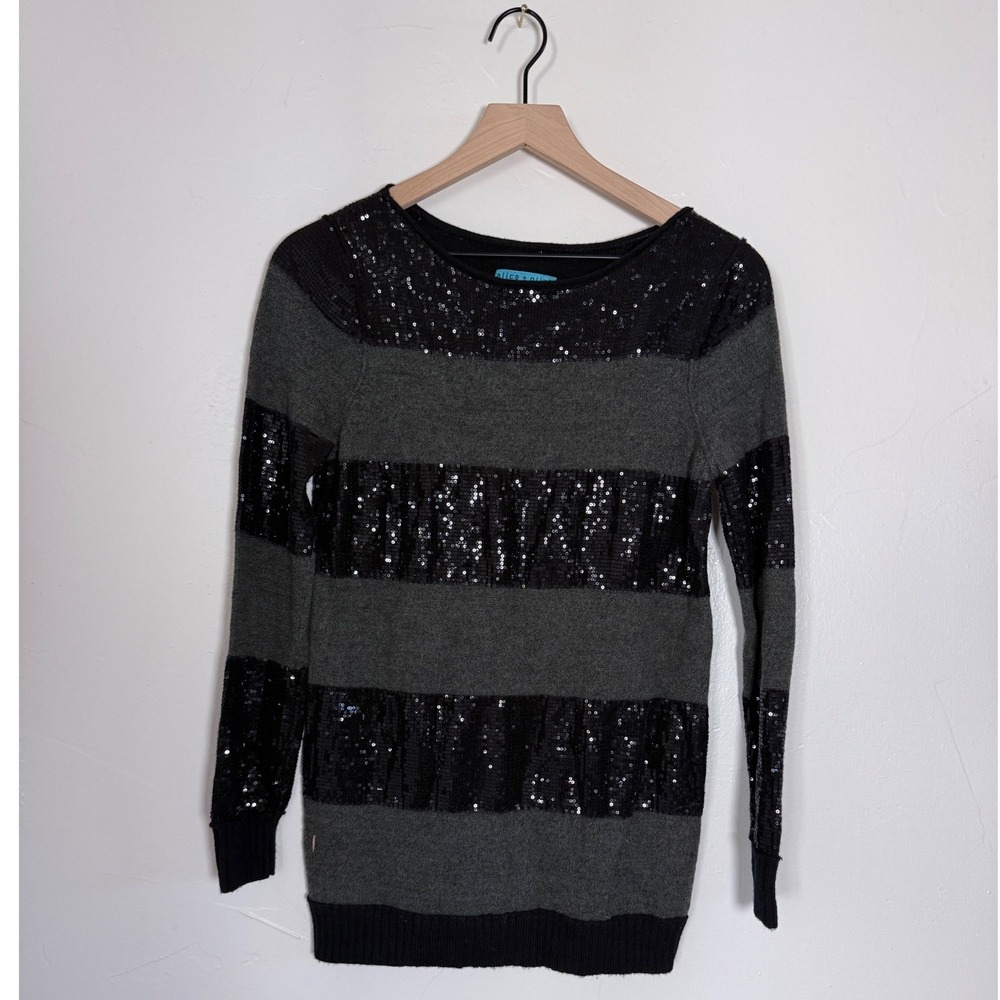 Alice + Olivia 100% Wool Sequin Stripe Sweater Gray Black R010732910